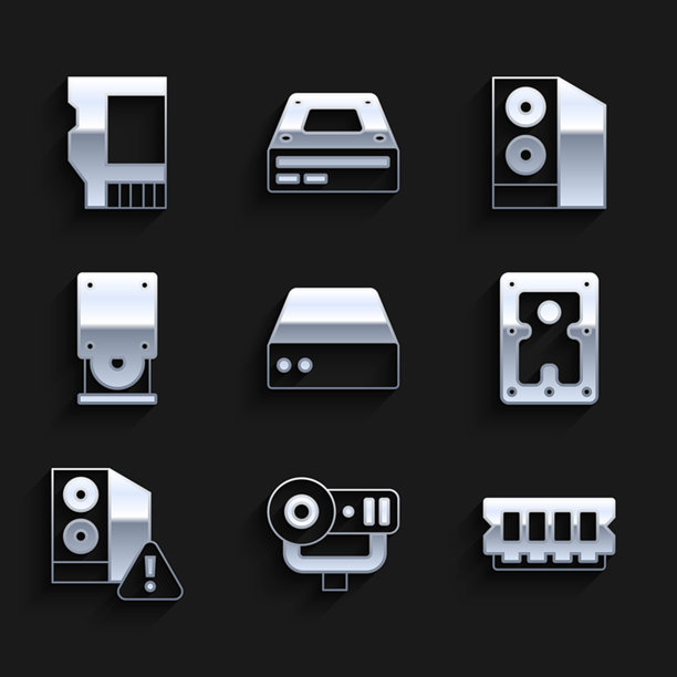 服务器数据Web Hosting、摄像头、RAM随机存取存储器、硬盘驱动器HDD、电脑机箱、光盘和SD卡图标矢量素材图片下载