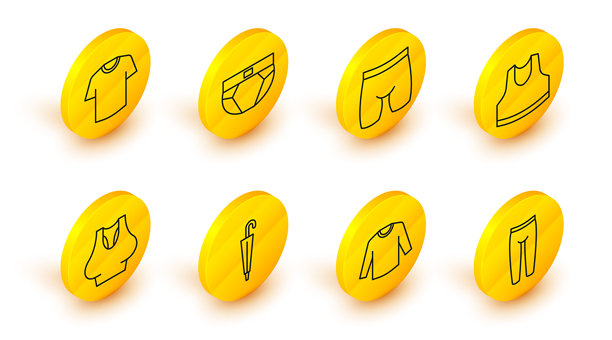 图标：运动裤、毛衣、雨伞、内衬衫、自行车短裤、男士内裤和T恤。矢量图。图片下载