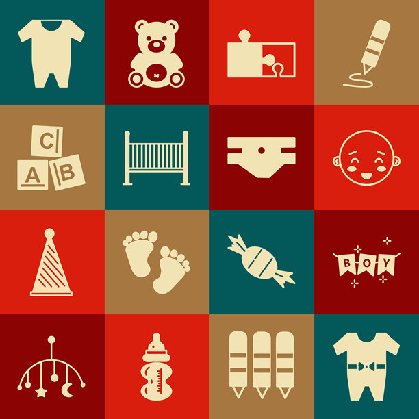 婴儿服装、带旗帜的狂欢节花环、快乐的小男孩头像、拼图块、婴儿床、字母ABC积木和吸水尿布图标。矢量图。图片下载