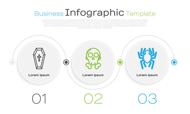 带有基督教十字架的棺材，骷髅与交叉骨头和蜘蛛。商业信息图模板。矢量图。图片下载