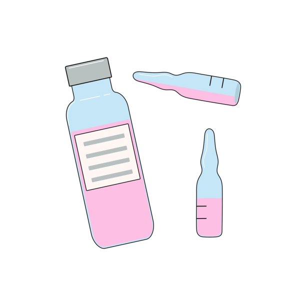 瓶子、药品安瓿、化妆品、疫苗。医疗保健、医学诊断、商业。矢量涂鸦插图，扁平风格。疫苗接种、治疗、护理概念，注射剂图片下载