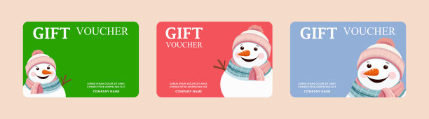 一套色彩缤纷的礼品券，上面有雪人，适用于新年和圣诞节。图片下载