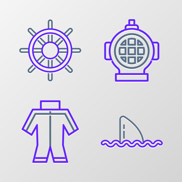 海浪中的鲨鱼鳍、潜水服、潜水呼吸器和船舵图标矢量素材图片下载