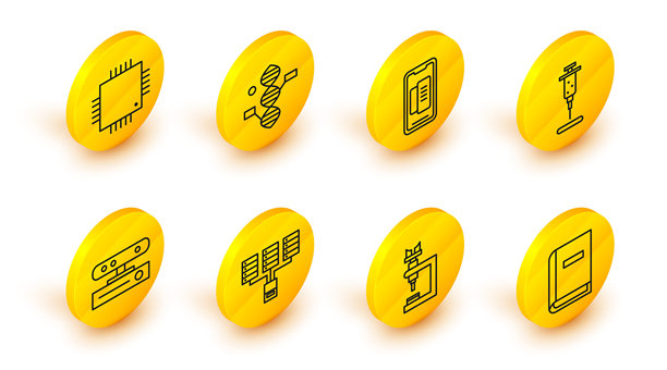 用户手册、显微镜、服务器、数据、网络托管、运动传感器、注射器、智能手机、DNA符号和带微电路CPU图标的处理器矢量素材图片下载