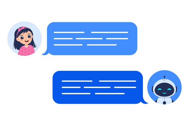 展示女孩与机器人在消息应用中对话的聊天机器人概念。适用于人工智能通信设计、技术界面和数字助手项目的矢量插图。图片下载