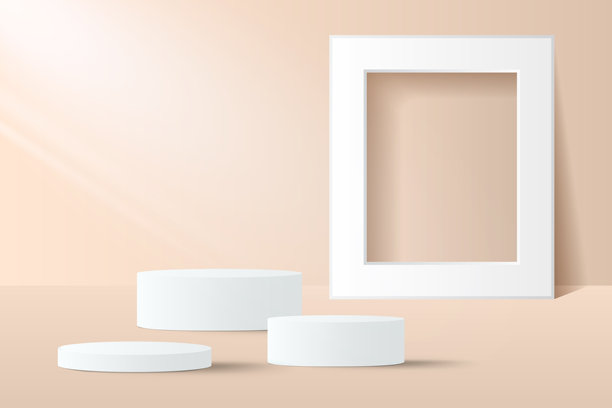 米色3D抽象讲台与白色框架背景产品展示图片下载