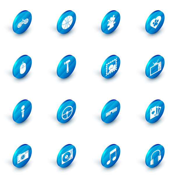 篮球、拼图块、带动物足迹的心形、电脑鼠标、街机游戏操纵杆、锤子、电视和风景图标。矢量图。图片下载