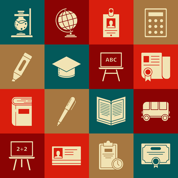 证书模板，校车，识别证章，毕业帽，记号笔，玻璃试管烧瓶和黑板图标矢量素材图片下载