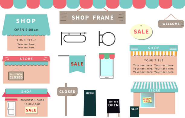 商店框架模板集，矢量插图，标志，商店信息，营业时间，白色背景，透明背景图片下载