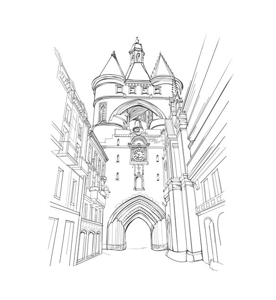 带有钟表的老旧大门和塔楼的梦幻插画：古老的法国城镇街道写生，西欧中世纪建筑黑白涂鸦图矢量图图片下载