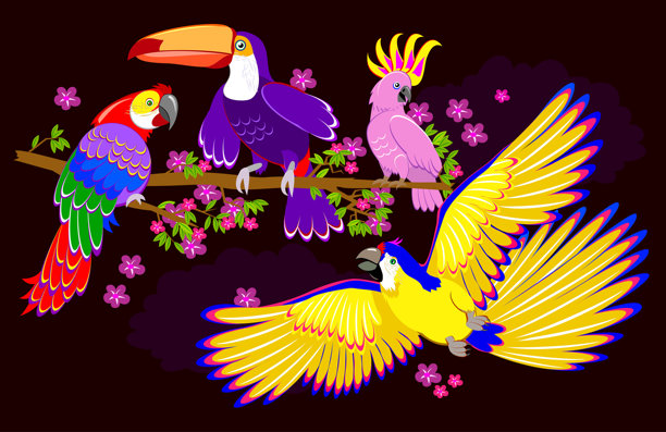 幻想插图，描绘可爱的仙境鹦鹉，背景为深色。现代印刷。矢量卡通图像。图片下载