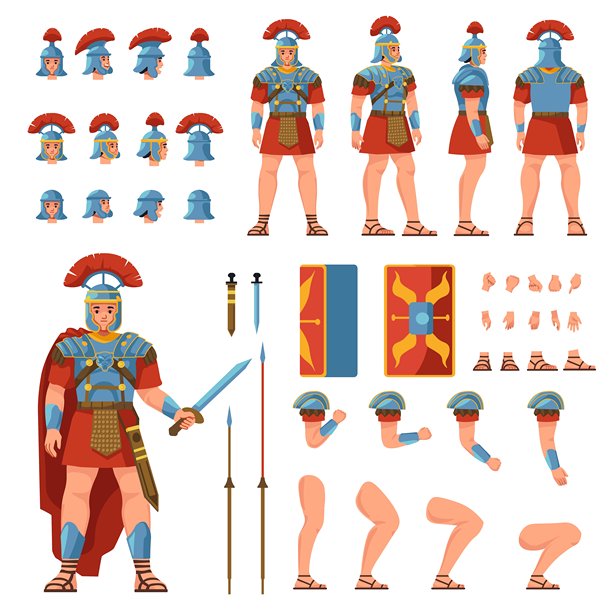 罗马士兵角色创建：古代战士动画角色模型，盔甲百夫长或斯巴达士兵，罗马帝国军队，2D矢量素材图片下载