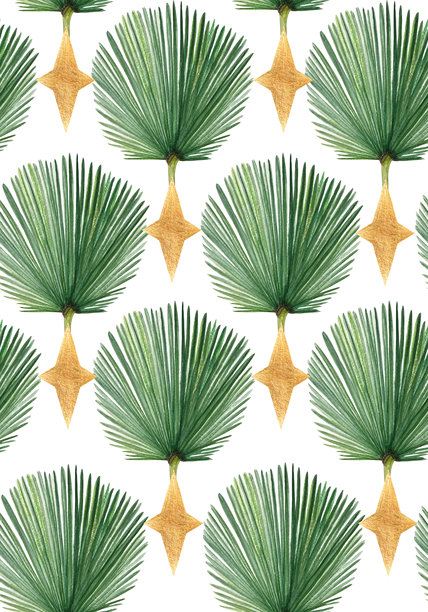 手绘水彩棕榈叶抽象无缝图案，背景为白色。图片下载