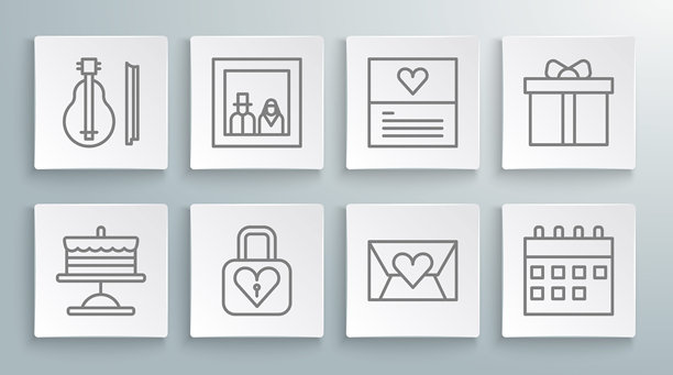 蛋糕放在盘子上，家庭照片，锁和心，情人节信封，日历，贺卡，礼品盒和小提琴图标。矢量图。图片下载