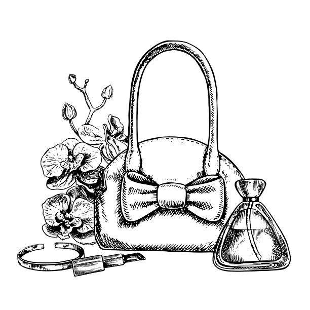 一款女士手袋，内含化妆品和配饰，包括口红、香水、珠宝手链和兰花。手绘黑白矢量图形，背景为白色。适用于包装和标签。图片下载