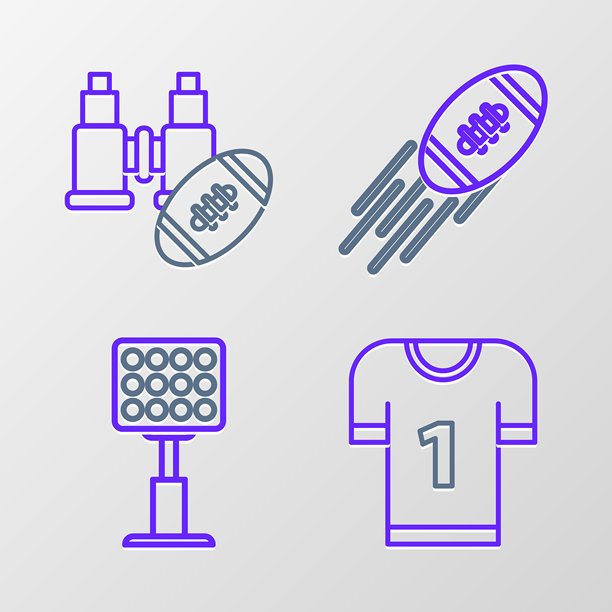 美式橄榄球球衣、体育场灯光、橄榄球和望远镜图标组合矢量素材图片下载