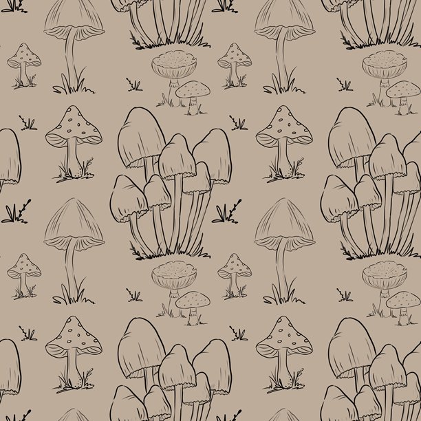 轻柔米色背景上的手绘奇幻蘑菇图案，适用于装饰项目图片下载