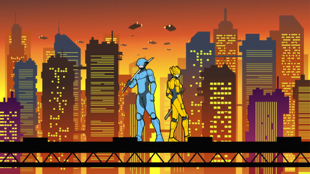 以赛博朋克城市为背景的半机械人武士超级英雄情侣插画矢量素材图片下载