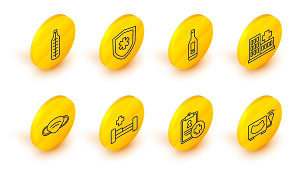 超声波检查、患者记录、病床、医用防护口罩、建筑物、数字温度计、人寿保险图标矢量素材图片下载