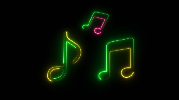 音乐标志霓虹灯发光循环动画。设置霓虹灯线音乐图标插图黑色背景。图片下载