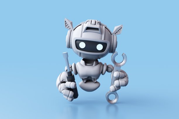 有扳手和螺丝刀的3D机器人修理工。图片下载
