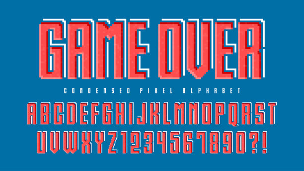 像素矢量字母设计，类似于8位游戏。高对比度和锐利，复古未来主义。图片下载