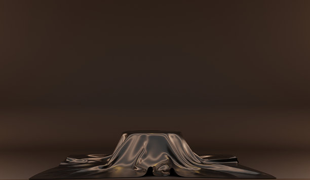 圆形桌子配桌布，桌罩，丝绸桌布，深色调，米色，带桌布的圆形讲台，3D插图图片下载