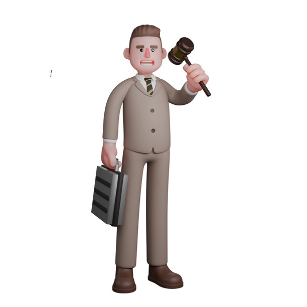 3D男律师：手持法槌和公文包的职业律师插画图片下载