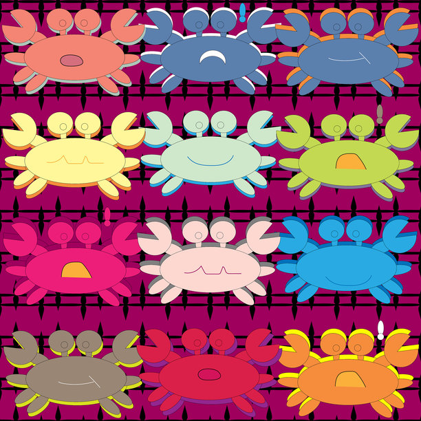 红色背景上充满多种情感的卡通螃蟹无缝图案插图.vector图片下载