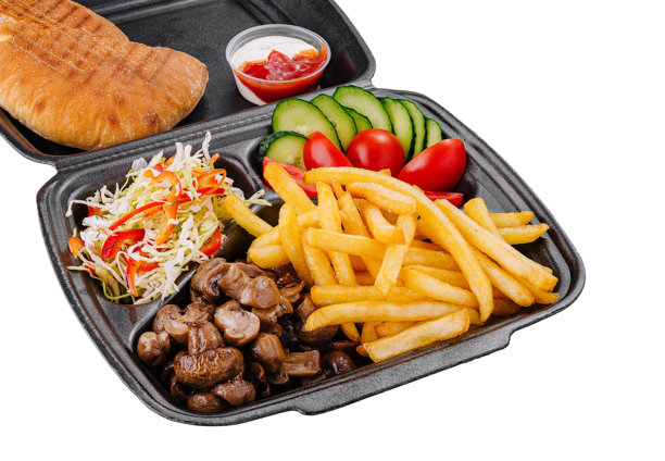 午餐盒里装有皮塔饼、蘑菇、薯条和沙拉图片下载
