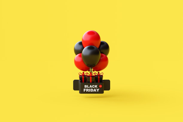 黑色星期五促销活动设计创意概念，飞舞的气球，黄色背景上的礼品盒。图片下载