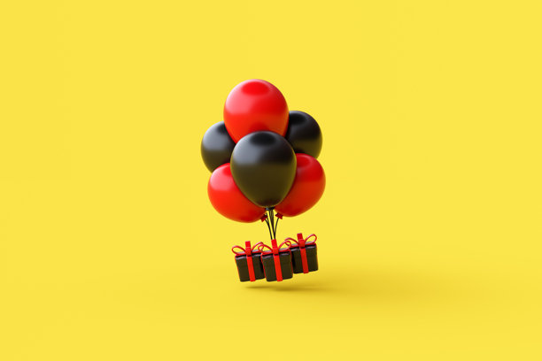 黑色星期五促销活动设计创意概念，飞舞的气球，黄色背景上的礼品盒。图片下载