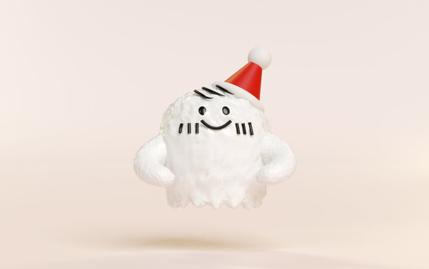 3D可爱怪兽，白色可爱幽灵戴着圣诞老人帽，孤立在奶油色背景上。3D渲染插图图片下载