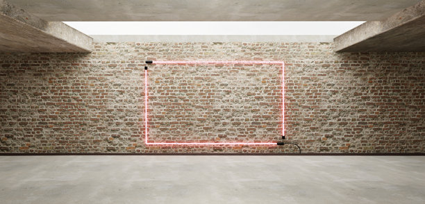 方形房间和墙壁的方形霓虹灯框架，水泥墙上的霓虹灯激光灯牌，现代背景，留白，3D插图图片下载