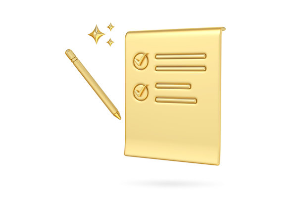 金色清单文档图标，3D渲染金色清单与笔，象征任务完成和目标实现，闪光效果增添魔力图片下载