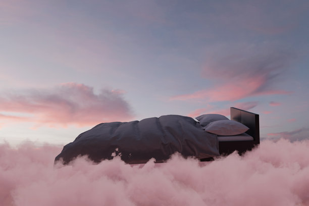 3D渲染的舒适床铺漂浮在蓬松的粉色云朵上图片下载