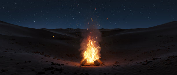 夜晚沙丘上的大型篝火，伴随着火花和颗粒。3D渲染。图片下载