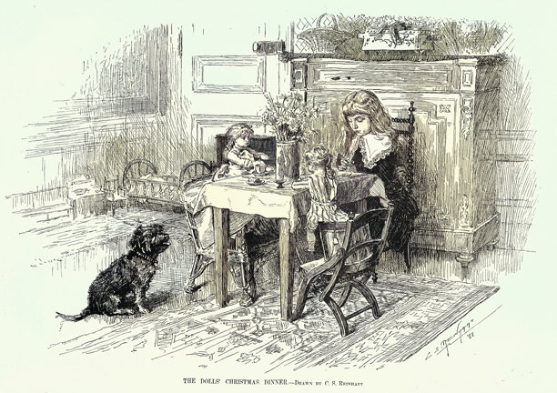小女孩和她的玩偶玩耍，玩偶的圣诞晚餐，维多利亚时代，19世纪80年代，复古插画图片下载