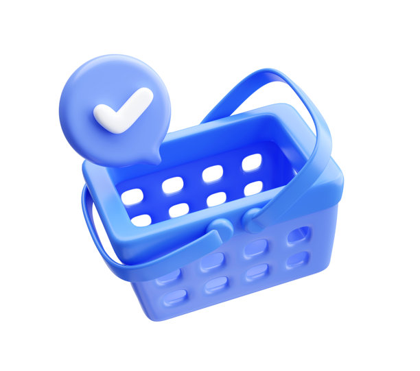 蓝色购物车 空购物篮 带勾的3D插图背景图片下载