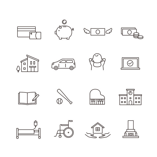 生活规划图标集：金钱、育儿、退休（黑白）图片下载