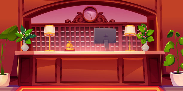 酒店大堂内部，配有木质接待台图片下载