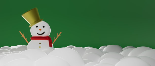 一个戴着红围巾的卡通雪人在白雪的云朵中站着，3D渲染图图片下载