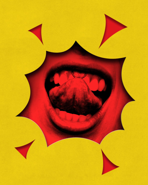 当代艺术拼贴：红色嘴唇与舌钉，黄色背景上的鲜明对比图片下载