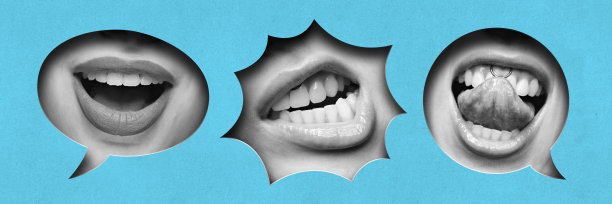 当代艺术拼贴。富有表现力的黑白嘴巴，封闭在蓝绿色背景上锯齿状的语音气泡中，显示出有趣的表情。图片下载