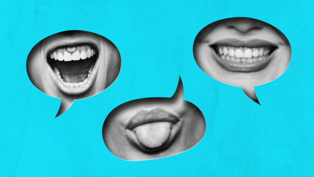 当代艺术拼贴：嘴巴，封闭在明亮的蓝绿色背景上的语音气泡中，展示微笑、舌头和穿孔，以唤起各种情感图片下载