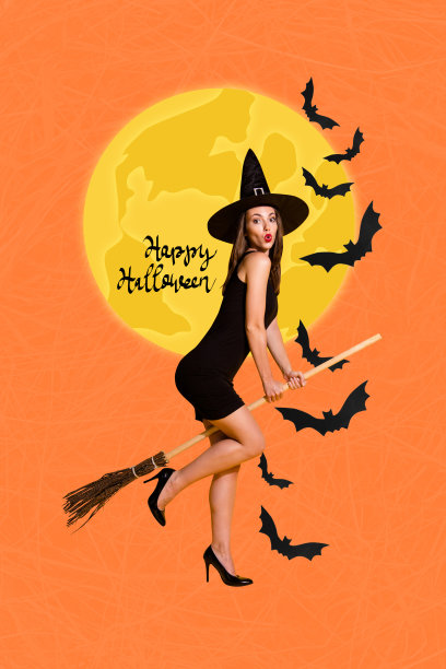 快乐的女巫骑着扫帚参加万圣节派对的竖版照片拼贴图片下载