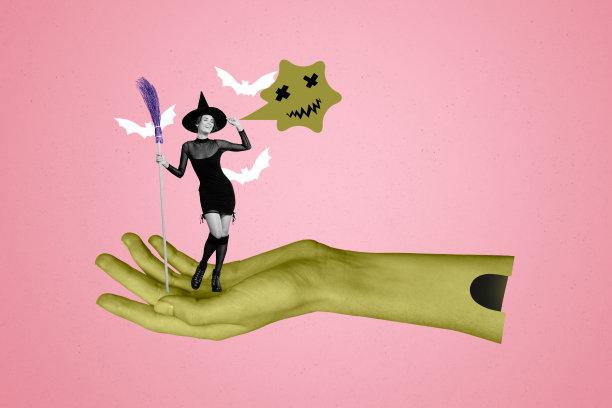 快乐女巫女孩跳舞万圣节化妆舞会蝙蝠节日的合成照片拼贴图片下载