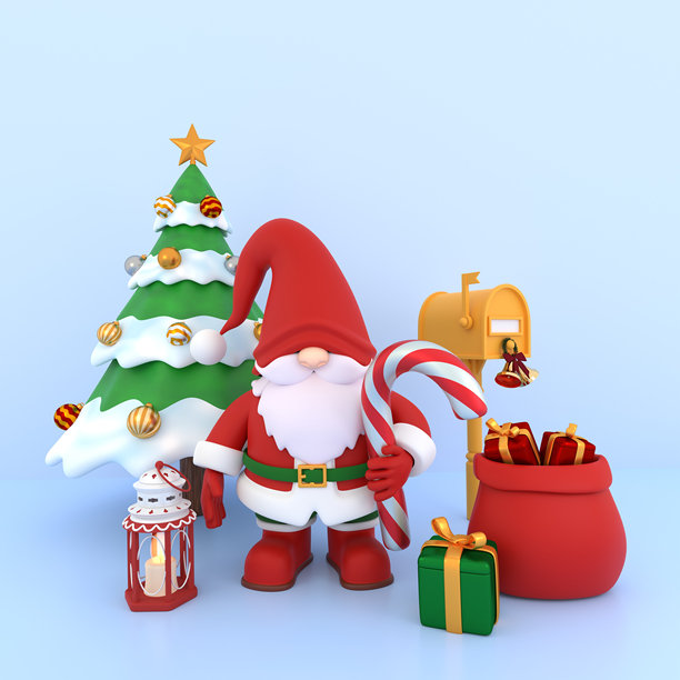 圣诞节3D圣诞老人侏儒，手持糖果杖，周围有圣诞树、礼物、灯笼和信件邮筒。图片下载
