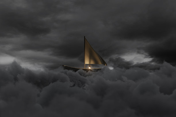被遗弃的木船上飘扬着的帆，飞翔在蓬松的灰色云朵上。3D渲染图图片下载