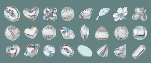 白色全息物体装饰套件，孤立背景，3D渲染图片下载